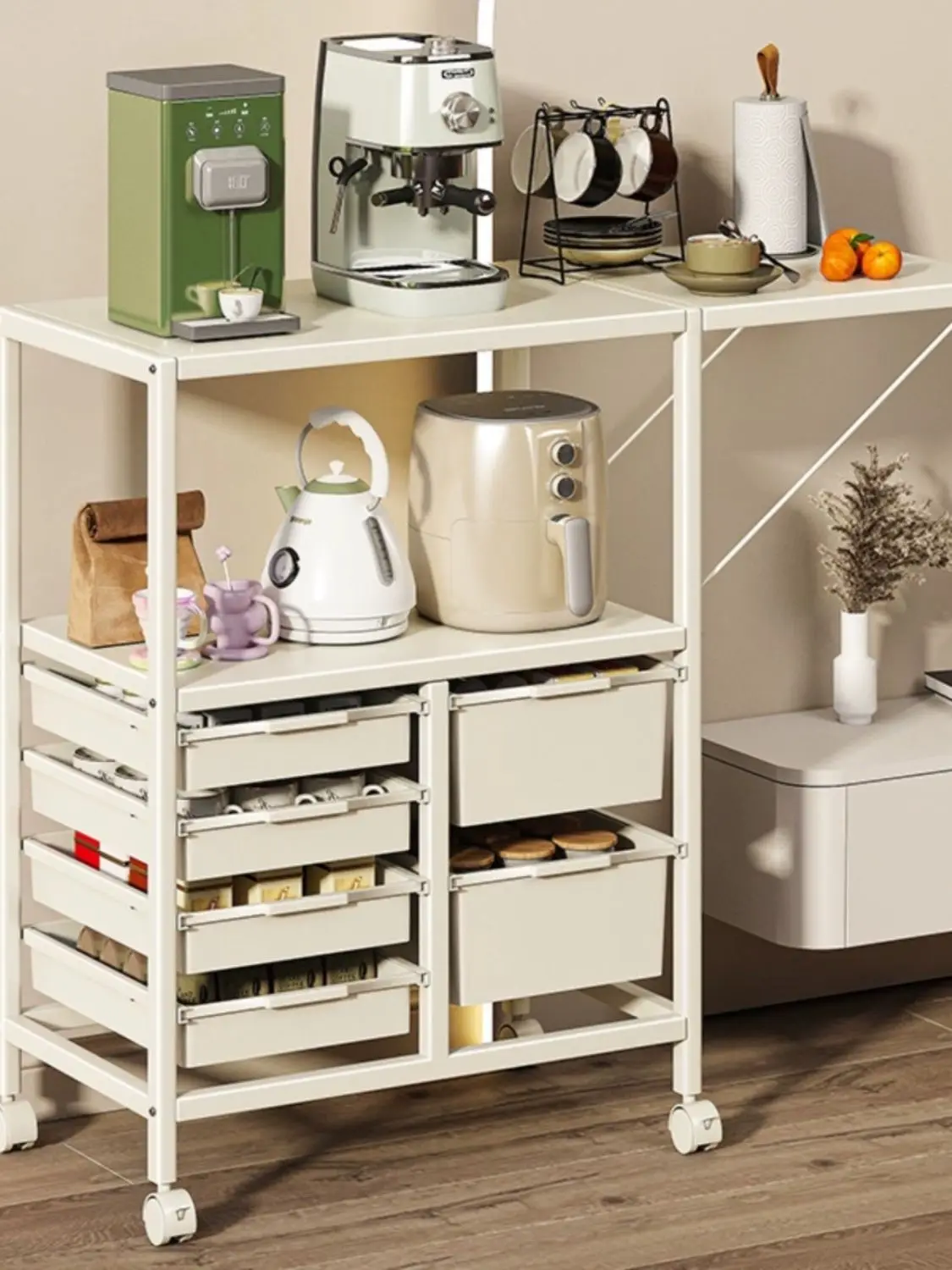 Kitchen microwave oven, small appliance lockers, cream wind folding household mobile side cabinets, shelves