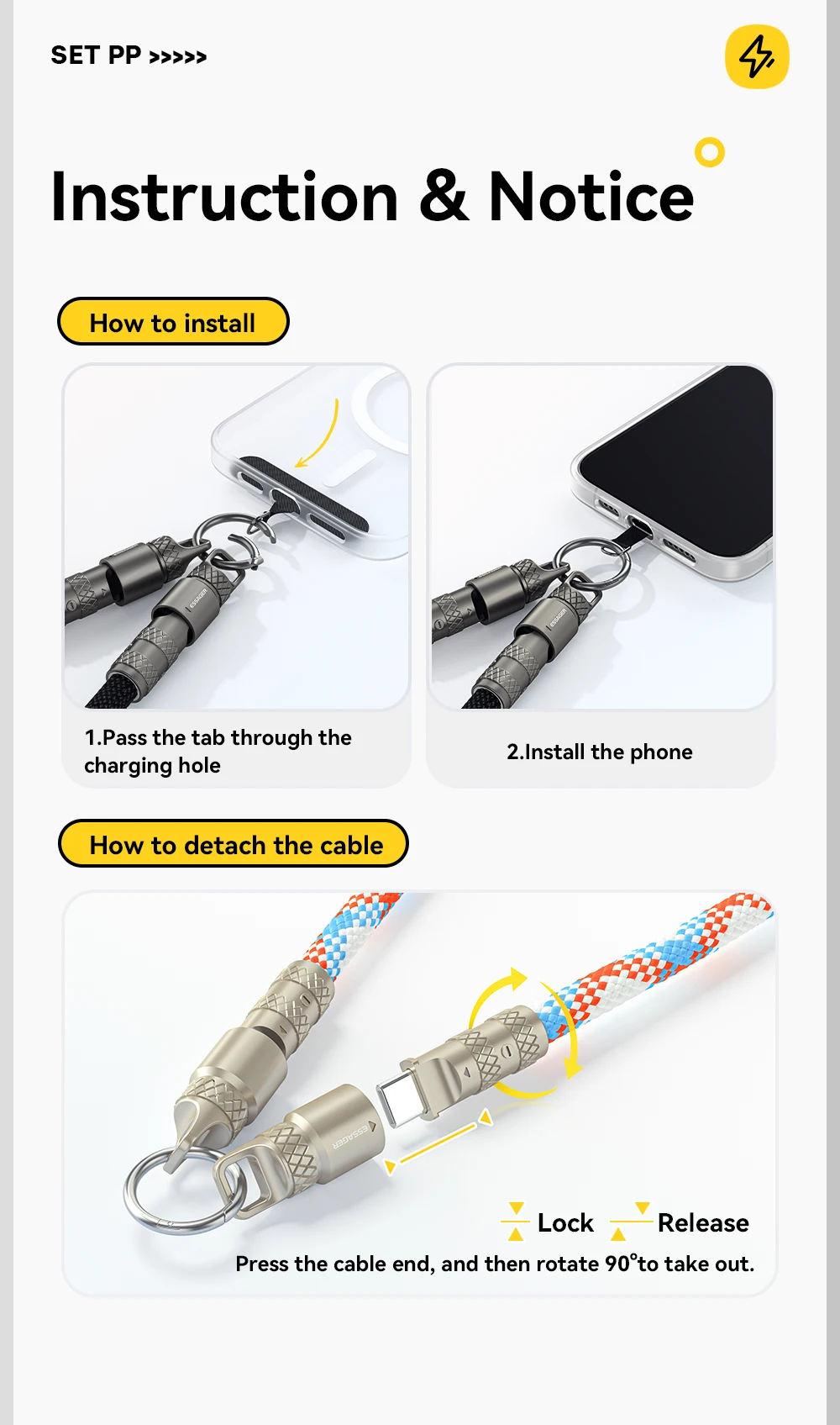Essager 2 in 1 60W USB-C to Type-C Lanyard Data Cable 3A PD Fast Charging For iPhone 16 15 Samsung Huawei Laptops Anti-lost Rope