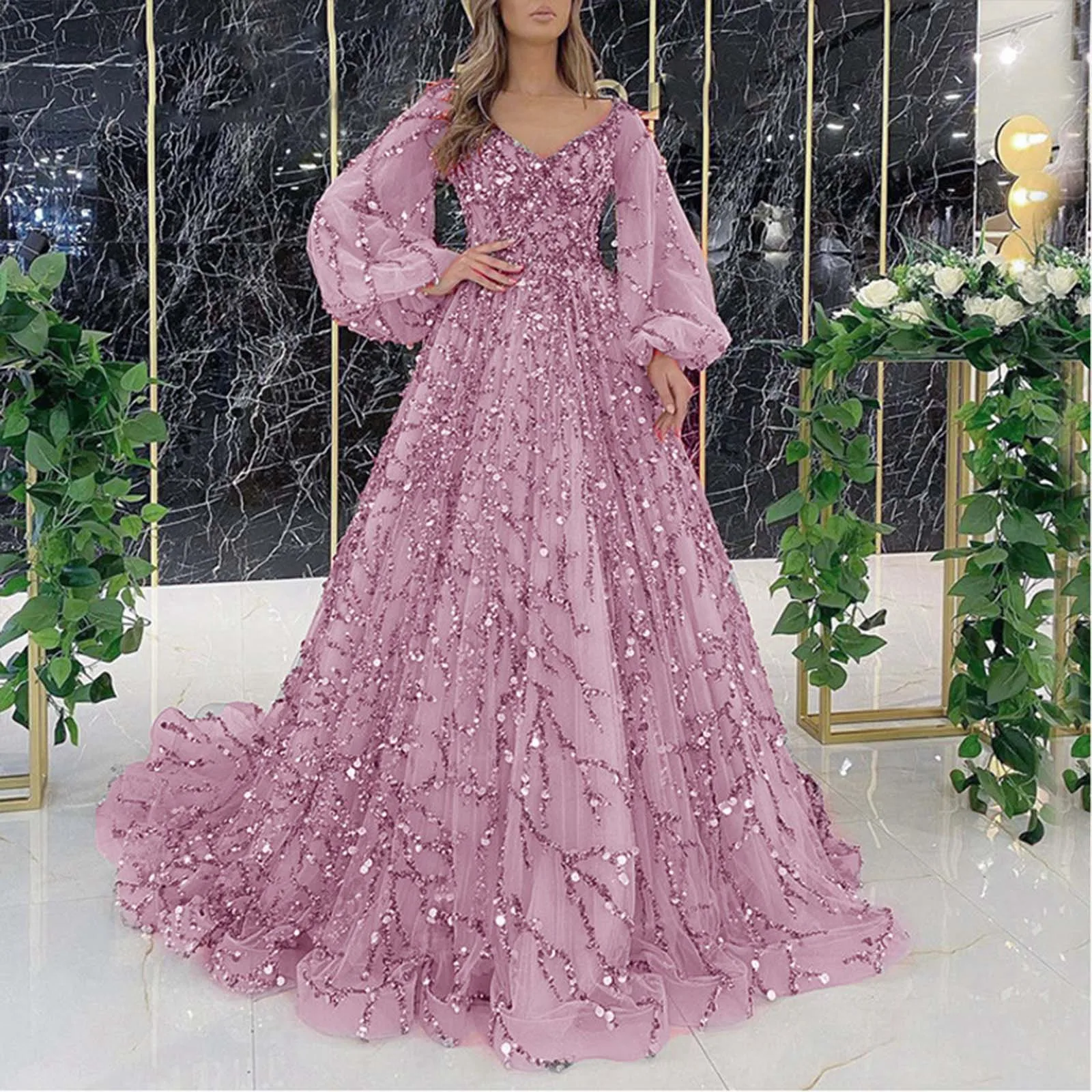 Women Evening Dress Shiny Sequin Beading Padded Floor Length Mesh Double-layered Cocktail Party Long Dress Formal Prom Gown