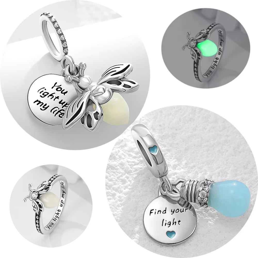 Abalorio de bombilla de luciérnagas de Plata de Ley 925 que brilla por la noche, cadena de ley 925 con cuentas, compatible con pulsera Pandora Original, joyería DIY para mujer