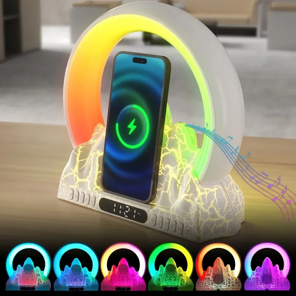 New electronic smart alarm clock Doodle APP wireless charger Sunrise Flame Mountain Bluetooth audio atmosphere desk lamp