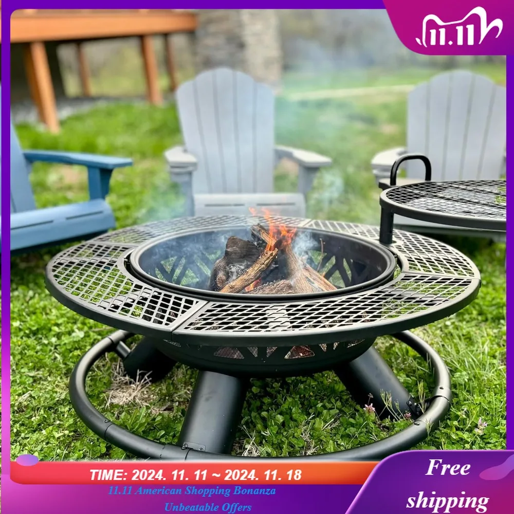 

47" Outdoor Fire Pit with Adjustable Grill, 2-in-1 Metal Outdoor Fireplaces, Large Patio Wood Burning