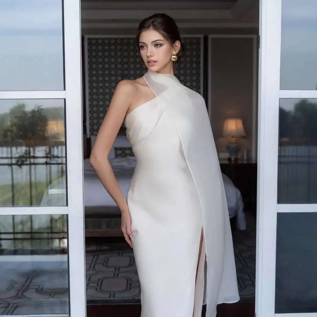 2025 nuevo vestido de satén de gama alta cola de pez banquete ajustado y temperamento adelgazante vestido de alta sociedad hombros inclinados para mujer