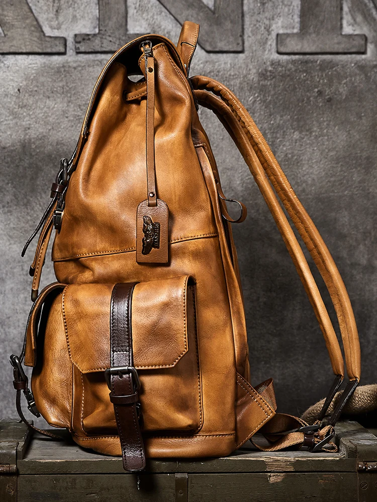 Large Capacity Men Travel Bag Mountaineering Backpack Handmade Vegetable-Tanned Leather Drawstring Shoulder Bag Daypack Male Bag