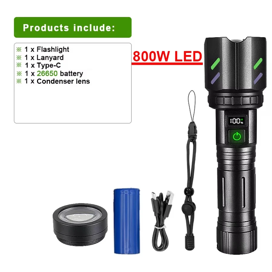 Most Powerful 200000LM Tactical Flashlight Firestarter High Power Led Flashlight Type-C Rechargeable Torch Laser Pointer Outdoor image 3
