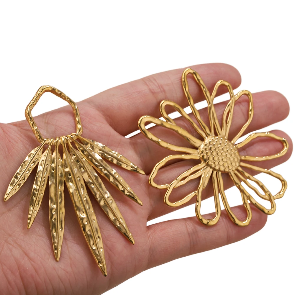 5pcs Stainless Steel Flower Charms Oval Bezel Frame Fan Shape Pendant Bases for DIY Leaf Jewelry Making Necklace Earrings view 3