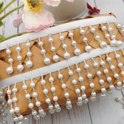 1Yard White Silk Fringe Trim Pearl Tassle Beaded Lace Ribbon DIY Sewing Clothing Edge Curtain Pearl Pendant Tassels