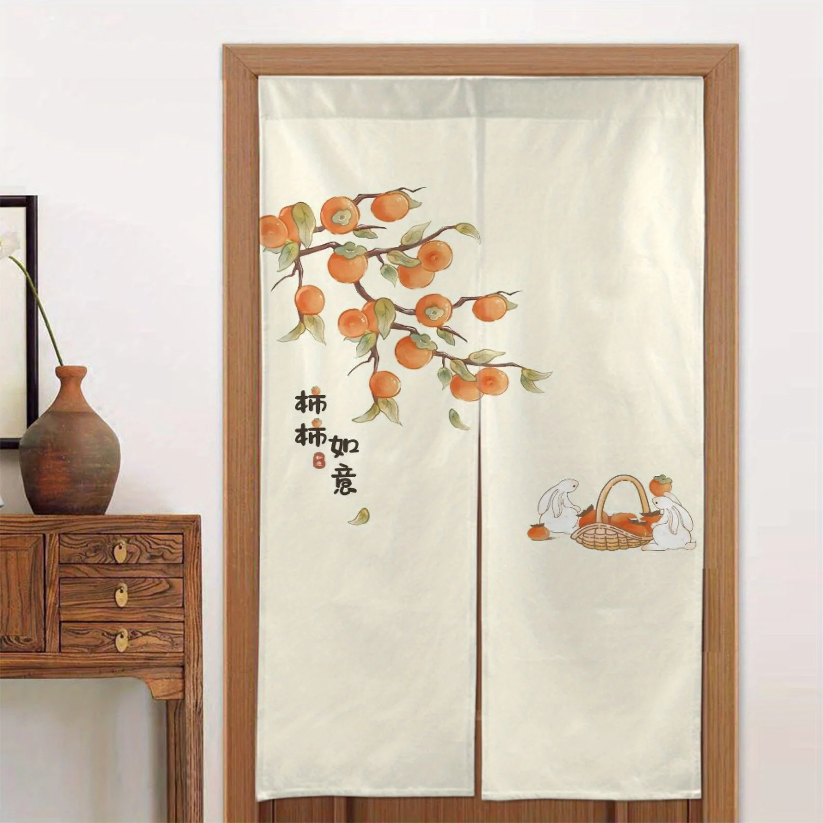chinese persimmon rabbit art noren door curtain autumn harvest design linen half panel living room decor Suitable for allseasons