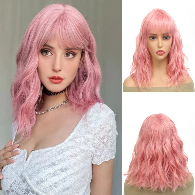 

Wavy Bob wig, women's bangs wig, head cover, soft curly synthetic Bob wig