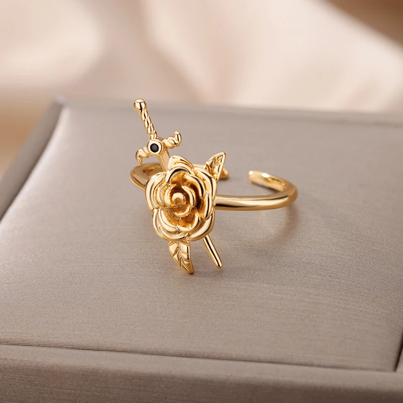Vintage Rose Flower Sword Pendants Rings For Women Stainless Steel Romantic Flower Finger Couple Ring Wedding  Jewelry Gift 2025