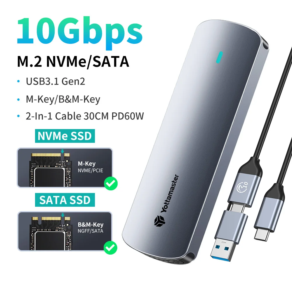 NONE Yottamaster M2 SSD-Gehäuse Dual-Protokoll Festplattengehäuse 10Gbps NVME PCIE und 5Gbps SATA AHCI Externes Solid-State-Laufwerksgehäuse 10