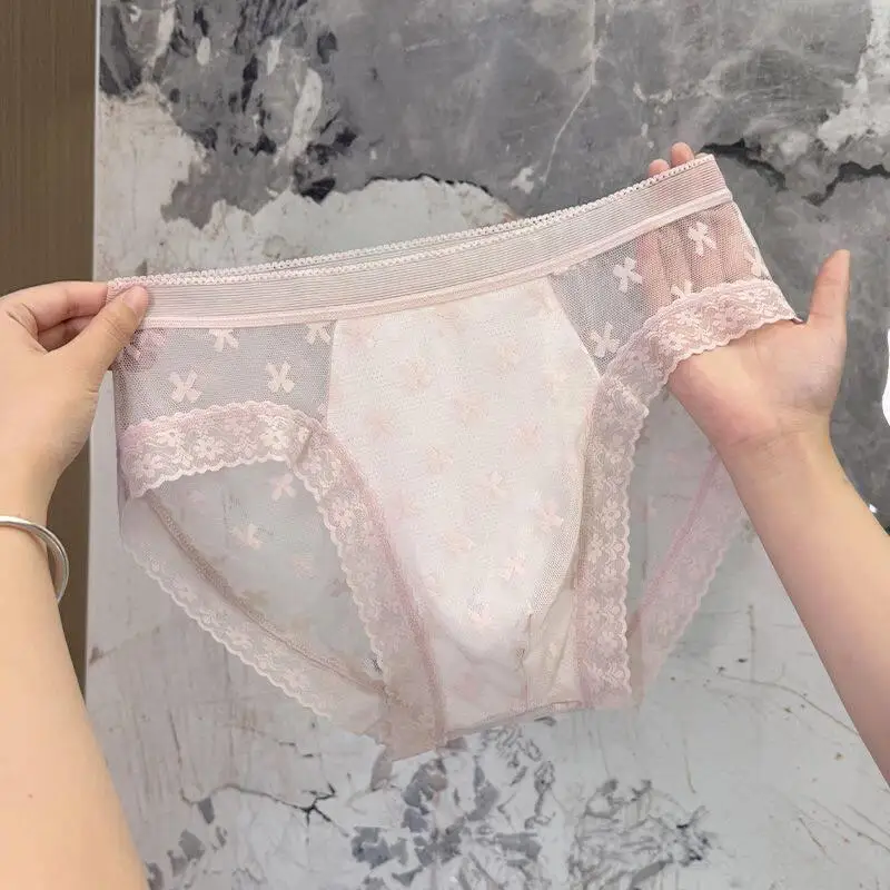 Men's Low Waist Pure Color Ice Silk Smooth Lace Trim Breathable Sporty Briefs mid Waist Double Layer Crotch Casual Underwear