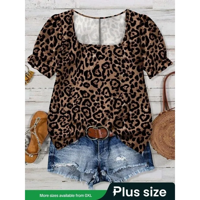 

Square Neck Printed T-Shirt Women's Fashionable Printed T-Shirt Comfortable Fit Five-Quarter Sleeve Other Material 100%