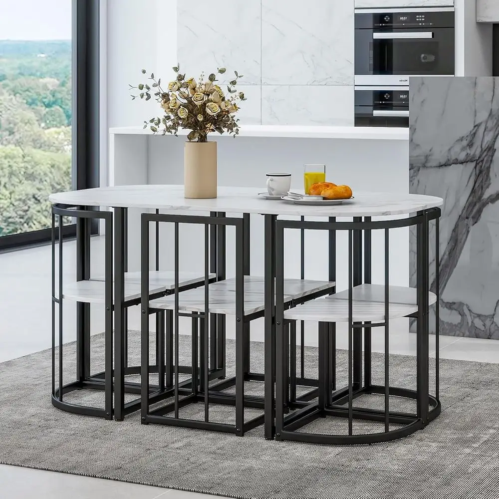 

Space-Saving 7-Piece Black & White Metal Kitchen Dining Set for 6