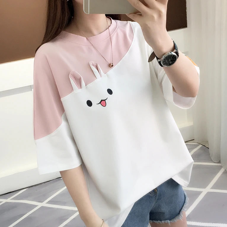 Women Summer Preppy Style Loose Cartoon Kawaii All-match O-neck Short Sleeve T-Shirt Women Clothes Casual Appear Thin Top Tee