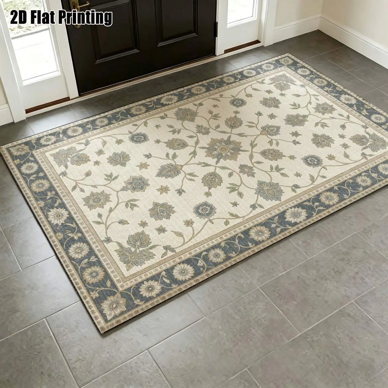 1Pc 2D Printed Carpet: Blue-Grey Floral & Vine Patterns, European/Vintage/Modern Minimalist Designs Home Decor, Multi-Size, Machine Washable, for Entryway, Living Room, Bedroom, Dining Room, Foyer.