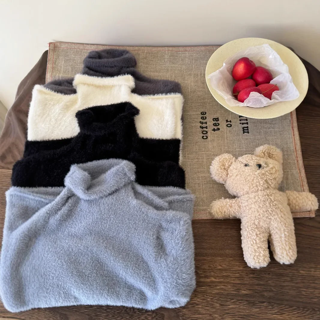 Children Clothing Velve All Match Sweater 2024 Winter New Boys Girls Solid Color Turtleneck Soft and Comfortable Sweater