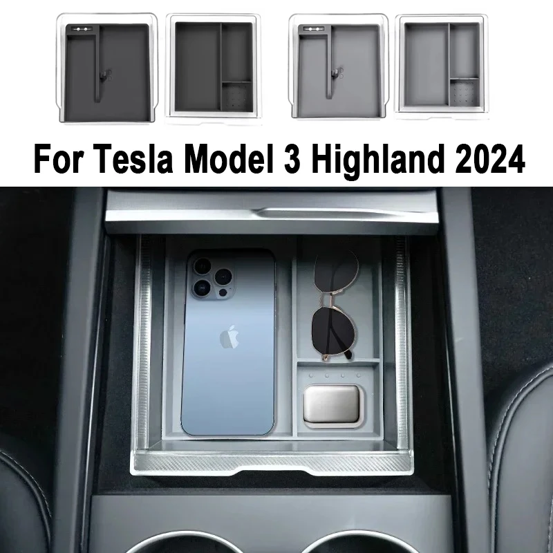 صندوق تخزين التحكم المركزي لسيارة تسلا موديل 3 هايلاند 2024 صندوق مسند الذراع الشفاف حقيبة للتخزين منظم اكسسوارات السيارات ABS