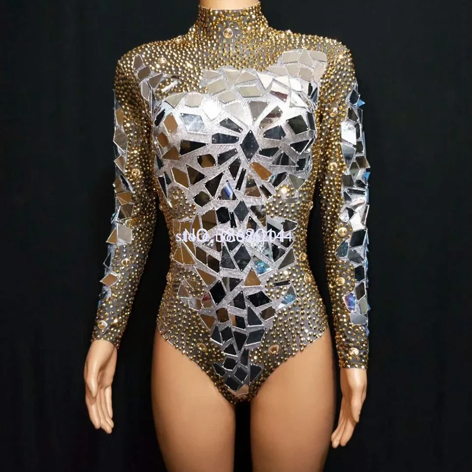 Sparkly Gold Rhinestones Mirrors Shining Bodysuit Women Birthday Celebrity Prom Party Outfit Singer Stage Rompers Dance Costume