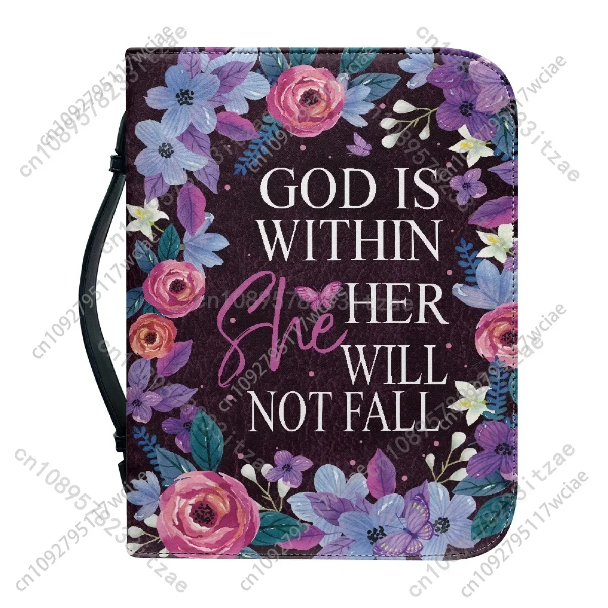 حقيبة الكتاب المقدس النسائية مقبض مخصص حقائب اليد الله داخلها سوف يسقط الأزهار الحب الأرجواني طباعة أغطية الكتاب المقدس الجلدية #3