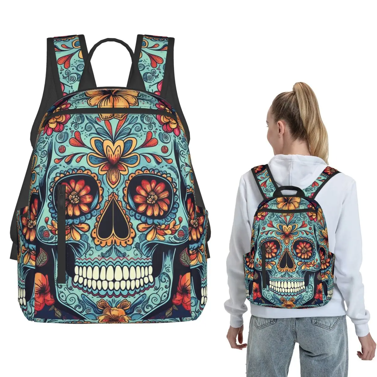 

Sugar Skull With Flower Backpack Daypack Kids BookBag School Bag Shoulder Bags for Men Women