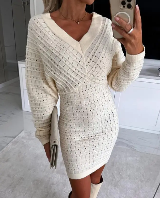 

Womens Dresses 2024 Spring Fashion V-Neck Hollow Out Textured Casual Plain Long Sleeve Daily Skinny Mini Dress Woman Clothing