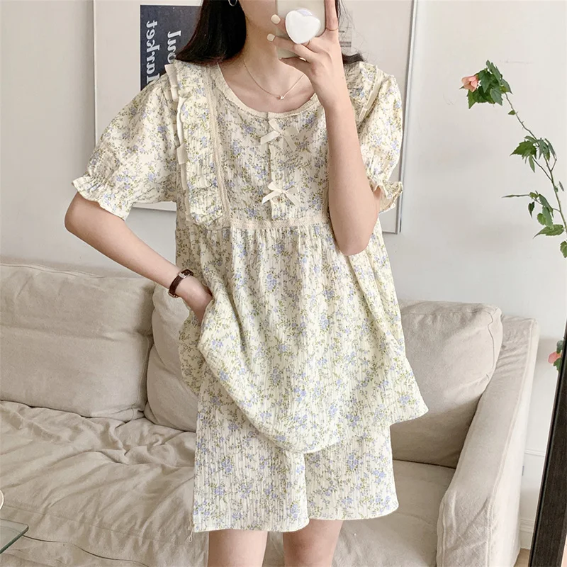 

New Soft Floral Lace Home Print Sweet Short Sleeve Pajamas Set Women Cute Korean Coolness Holiday style NightDress Elegant Ins