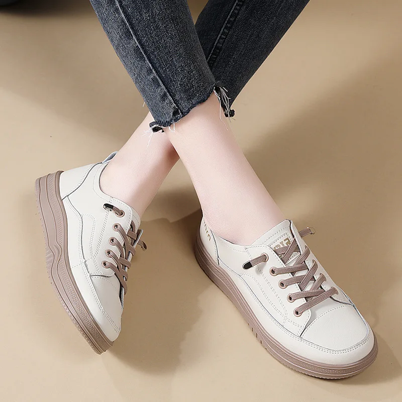

Genuine leather white sneakers for women - new spring collection, versatile, lightweight, soft sole, casual athletic shoes, plat