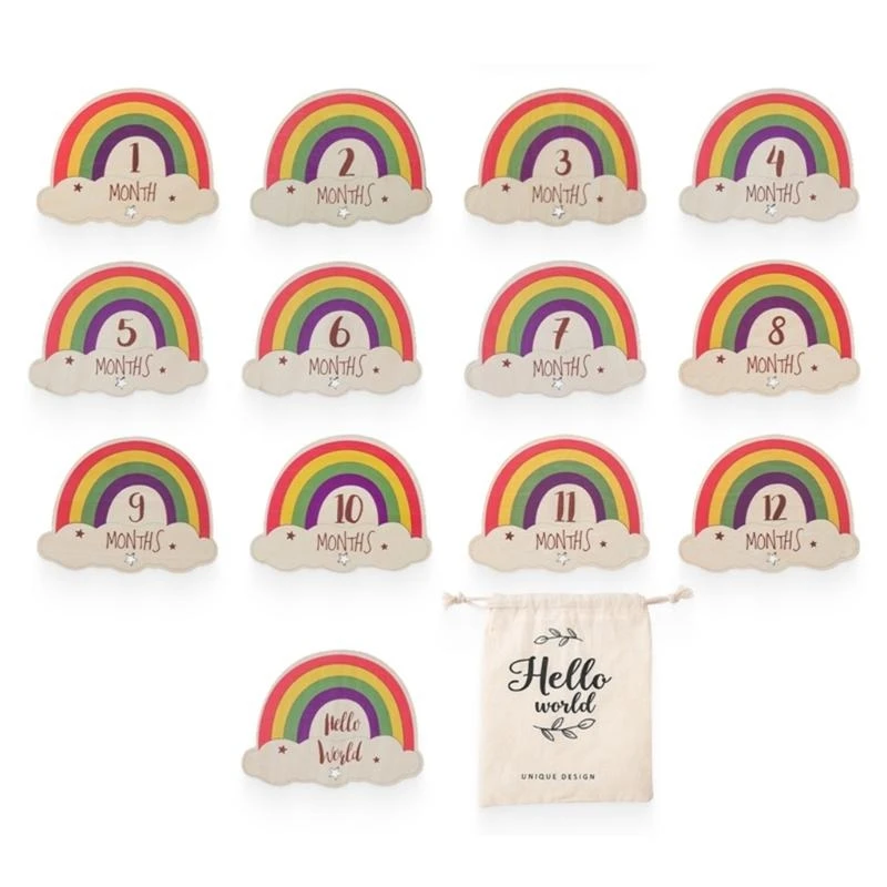 J15U بطاقات شهرية خشبية جميلة بألوان قوس قزح بطاقات شهرية لحديثي الولادة مجموعة تصوير لحديثي الولادة بطاقات تصوير للأطفال