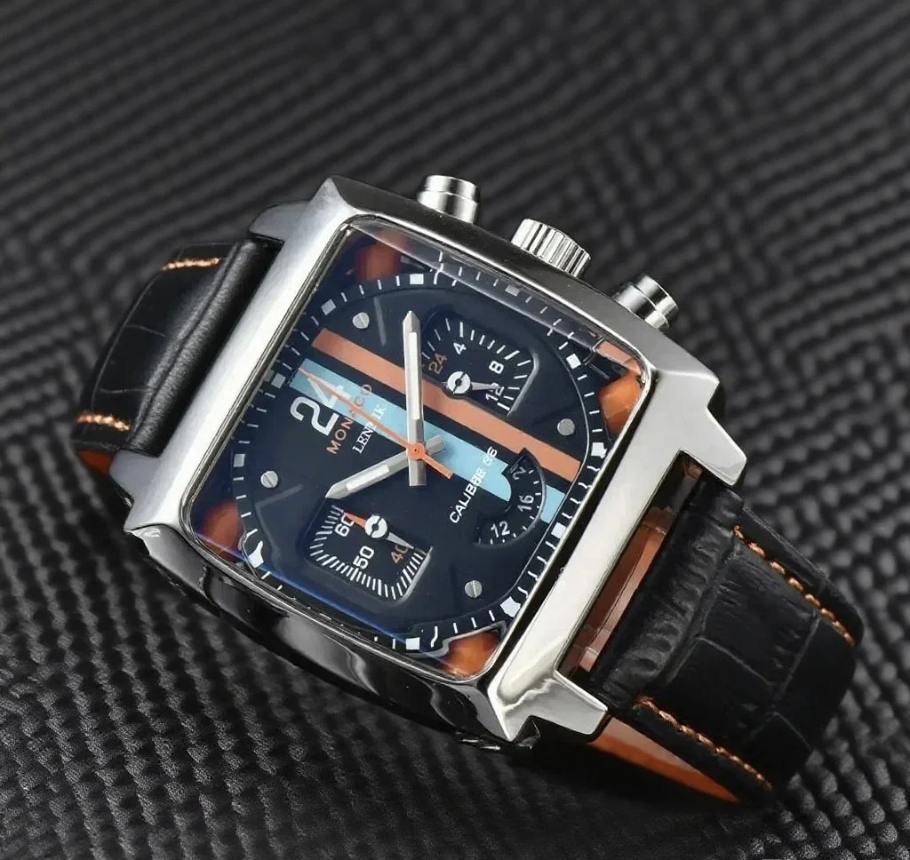 الفاخرة موناكو تصميم مربع حالة حزام من الجلد الجوف الظهر AAA الذكور الساعات شحن مجاني العلامة التجارية الأصلية ساعات الموضة للرجال