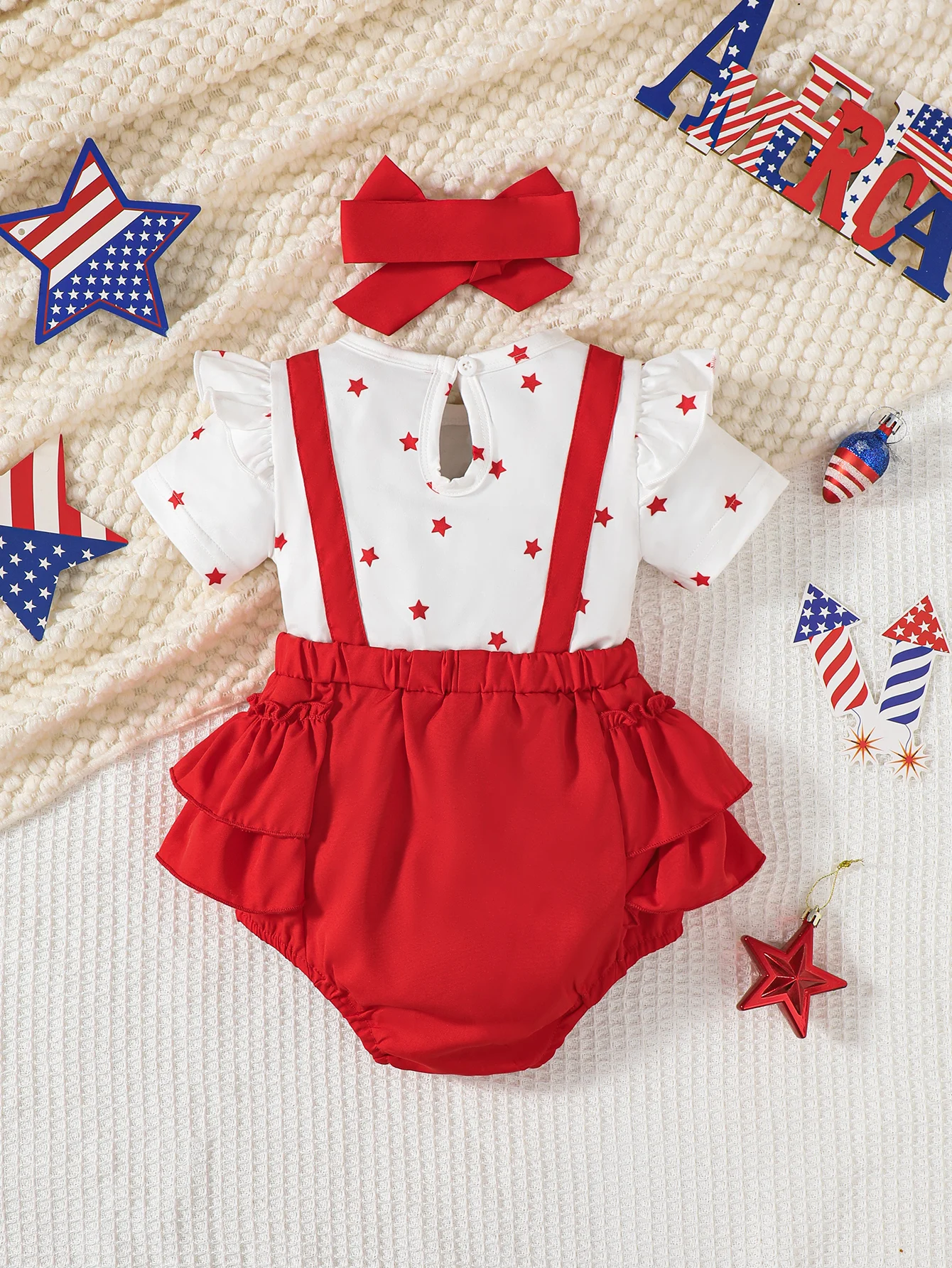 2Pcs Baby Girl Romper Outfit Summer Sweet Cut Ruffle Star Striped Bodysuit With Bow Headband For 0-18 Months Infant Girl Clothes