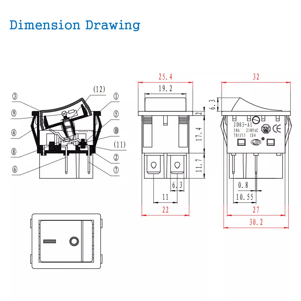 Rocker Switch dpst 30A 250V Composite Silver Contact Hull Sitch For High-power Welding Machine ON-OFF Light Rocker Switch 4pin