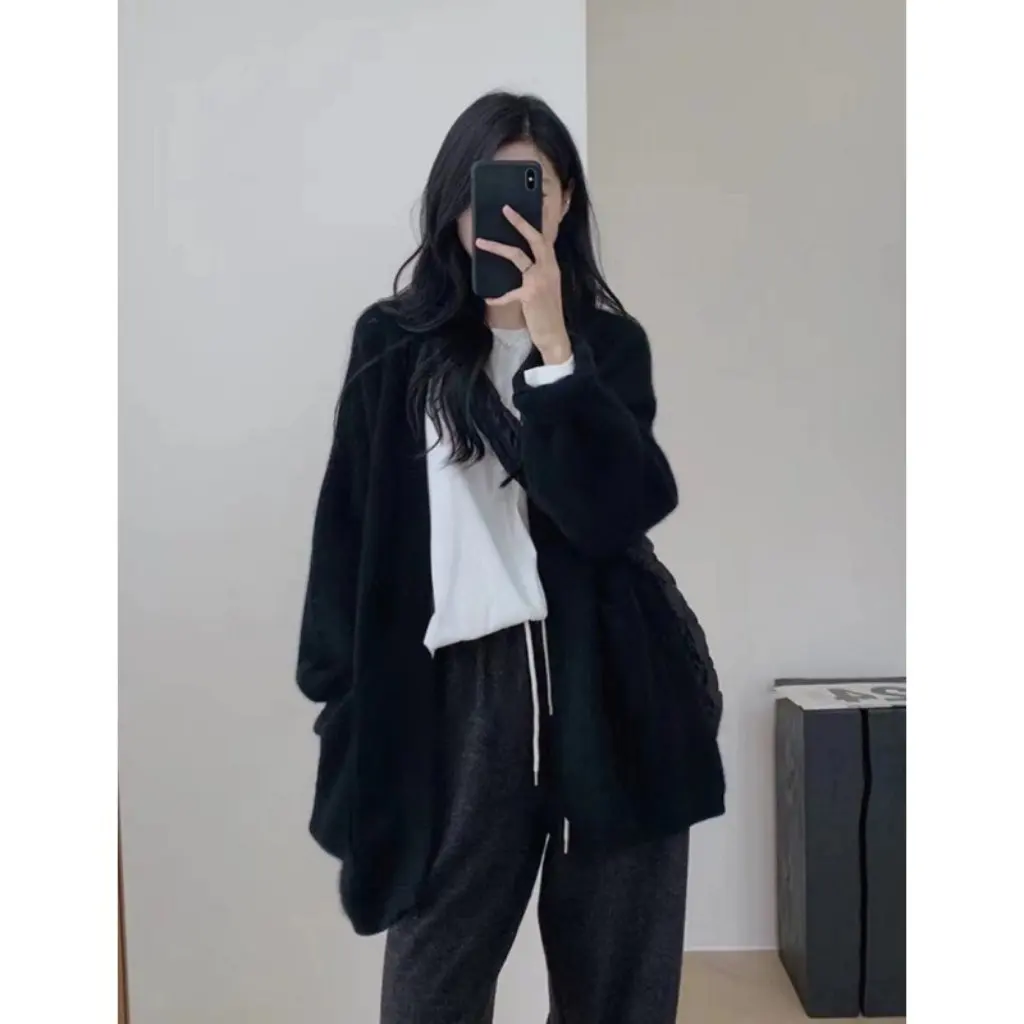 

Grey Imitation Raccoon Velvet Mid-Length Knitted Cardigan Women's Loose Lazy Style Sweater Coat Trendy Autumn Winter Outer Wear