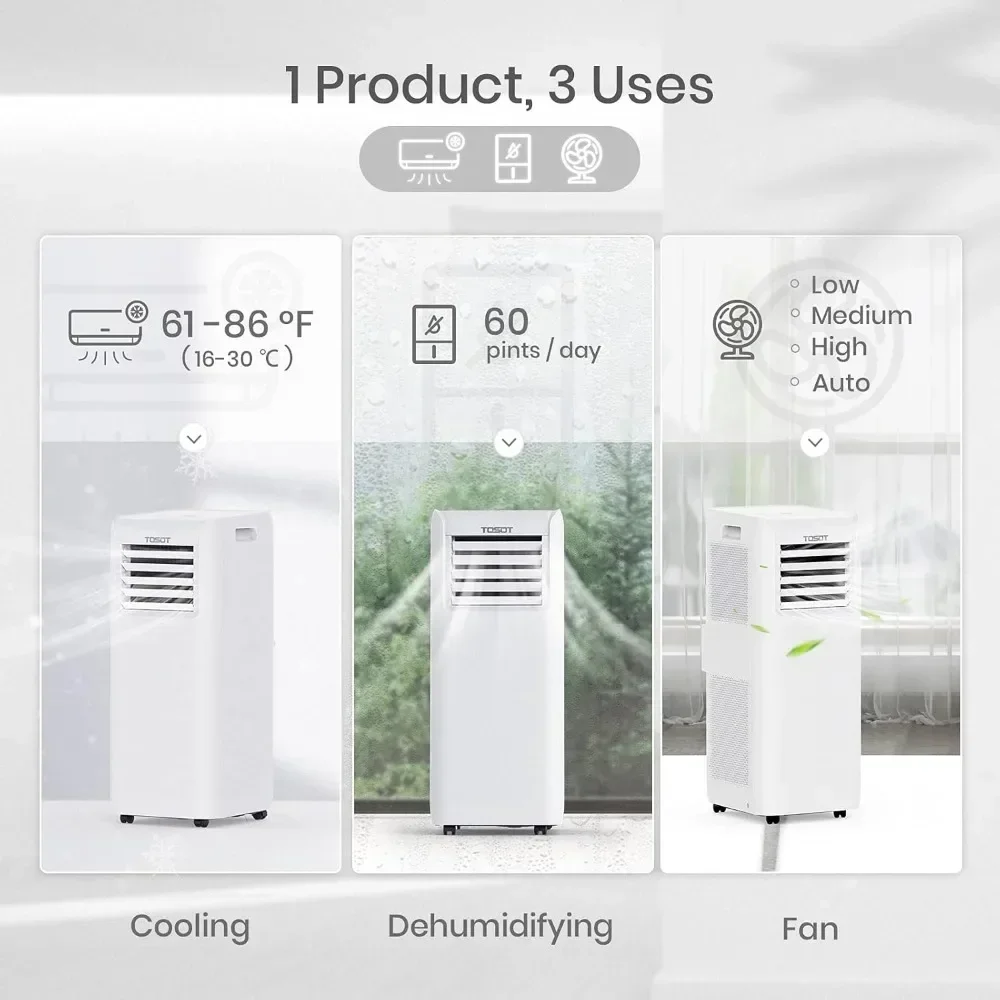 ries Aire acondicionado de 9.500 BTU más fácil de instalar, silencioso y CA portátil 3 en 1, deshumidificador, ventilador para habitaciones de hasta
