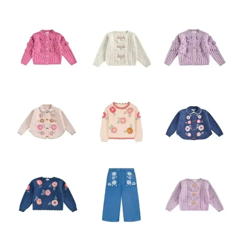 

Pre-sale(Ship October) 2024 LM Autumn Kids Clothes Girls Cotton Sweater Lattice Cotton Baby Girls Embroidery Sweaters for Kids