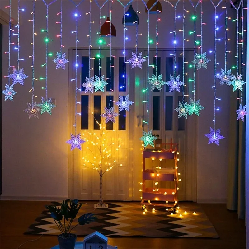 

2024 Christmas Light Led Snowflake Curtain Fairy String Lights Outdoor Icicle Garland Home Party Garden New Year Decoration