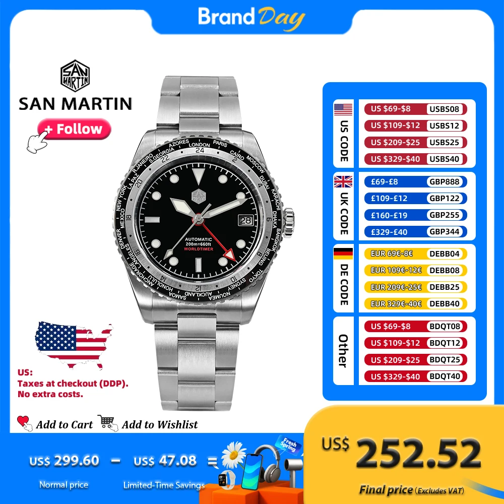 

Часы San Martin Мужские механические, дизайнерские водонепроницаемые механические наручные, 38 мм, с таймером мира, 20 бар, сапфировое стекло, SN0112