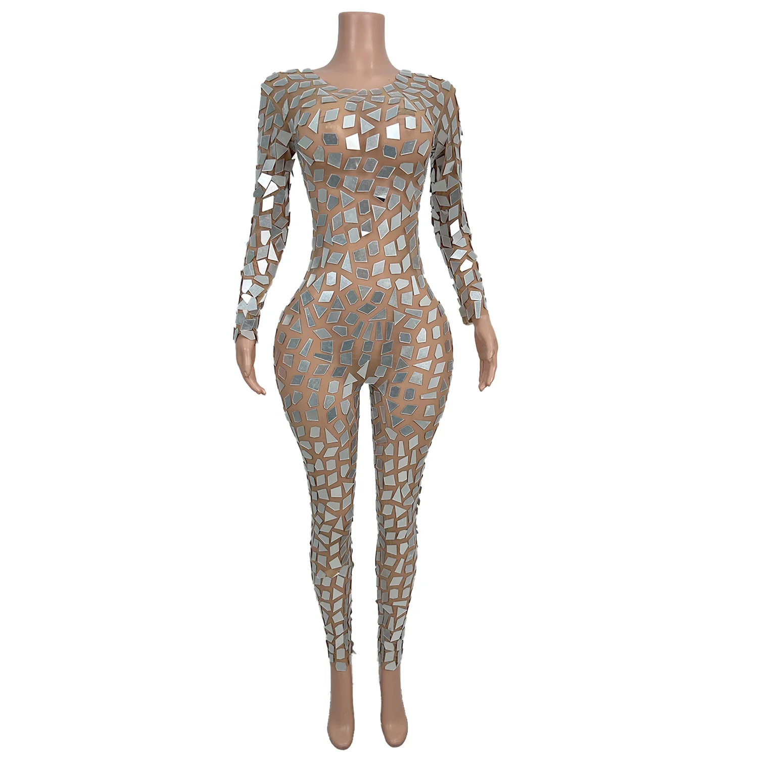 Silver Mirror Patch Mesh Jumpsuit Round Neck Long Sleeve Bodycon Outfit Women Singer Nightclub Stage Performance Costume Wangsha