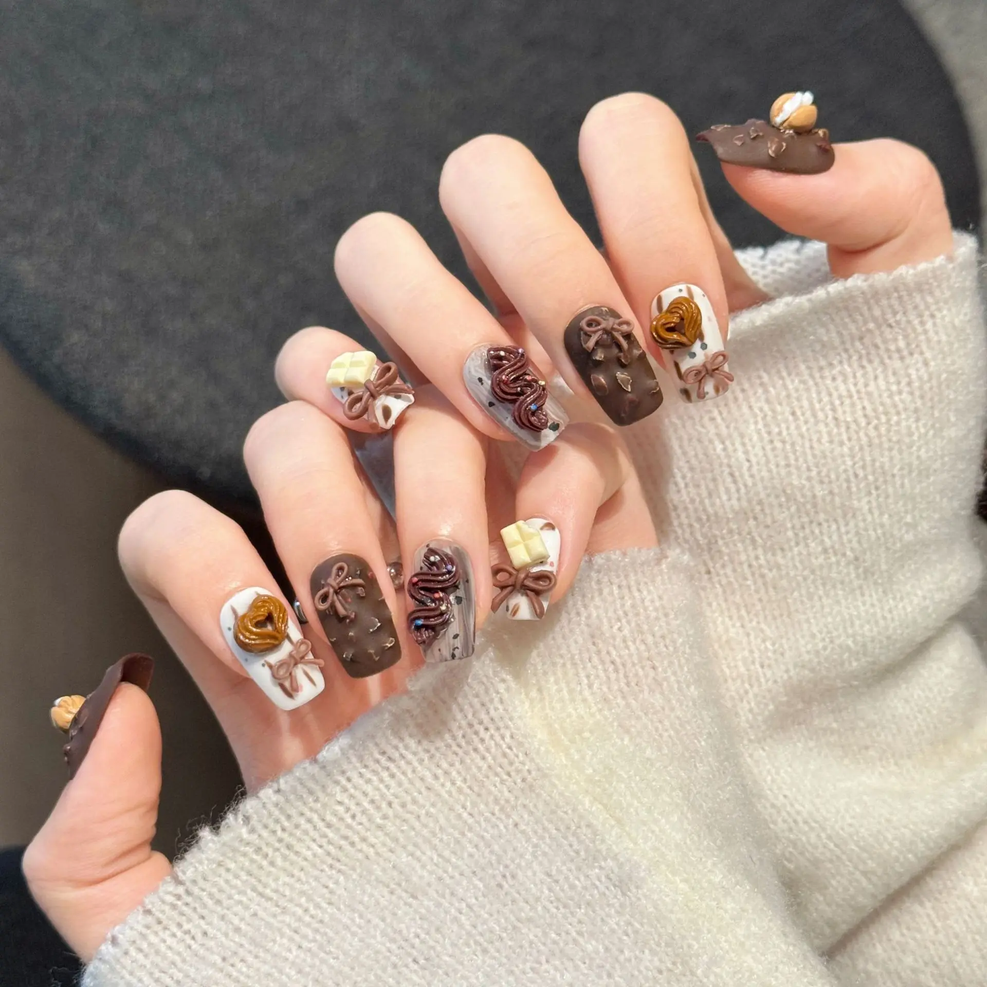 10 PCS Luxury Handmade Press on Nails Middle Square Cute cartoon Design with 3-PIECE Tool Adhesive Nail Glue Tabs