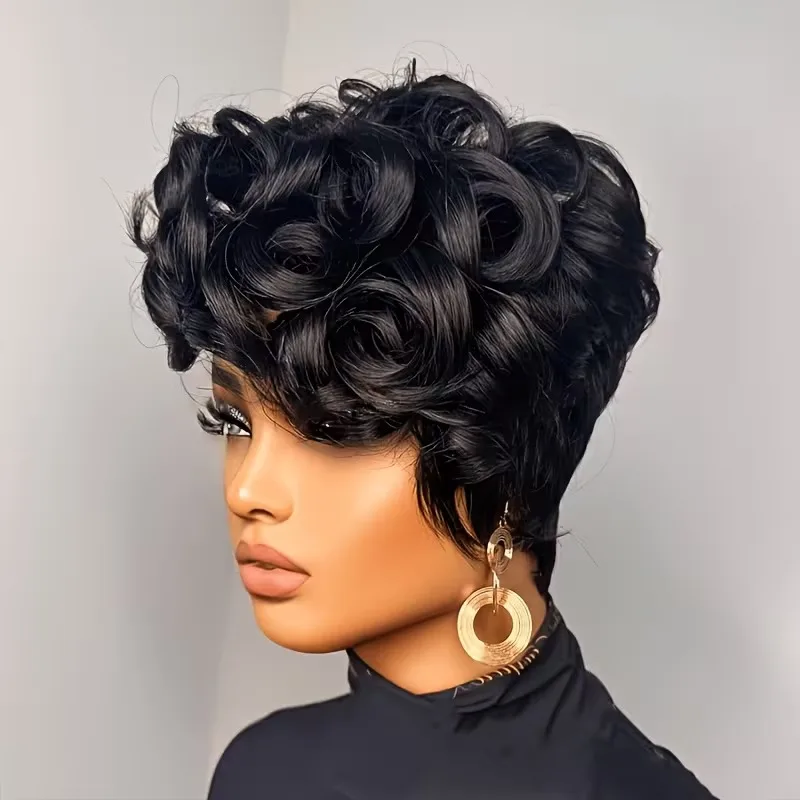 Brazilian Remy Hair Wigs for Women, Featuring a Short, Loose Curly Style with a 6-Inch Length And 180% Density Full Machine-Made