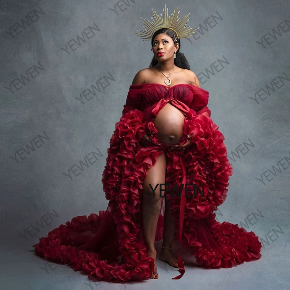 Striking Red V Neck Ruched Organza Long Sleeves Custom Color Maternity Gowns for Photo Shoot Pregnancy Shooting Dress YEWEN