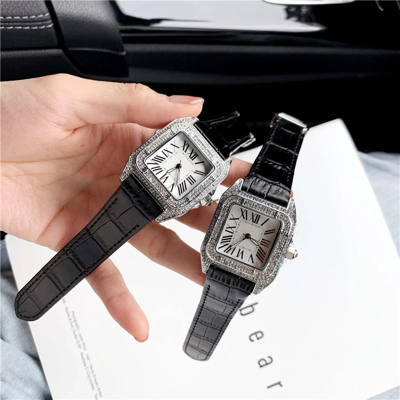 Brand Wrist Watches Man Woman Unisex Square Diamond Crystal Style Quartz Black Leather Strap Luxury Clock