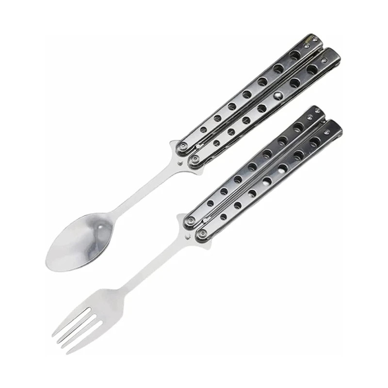 

1 Set Collapsible Stainless Steel Cutlery Butterfly Fork And Spoon Set Outdoor Foldable Utensils For Kitchen BBQ