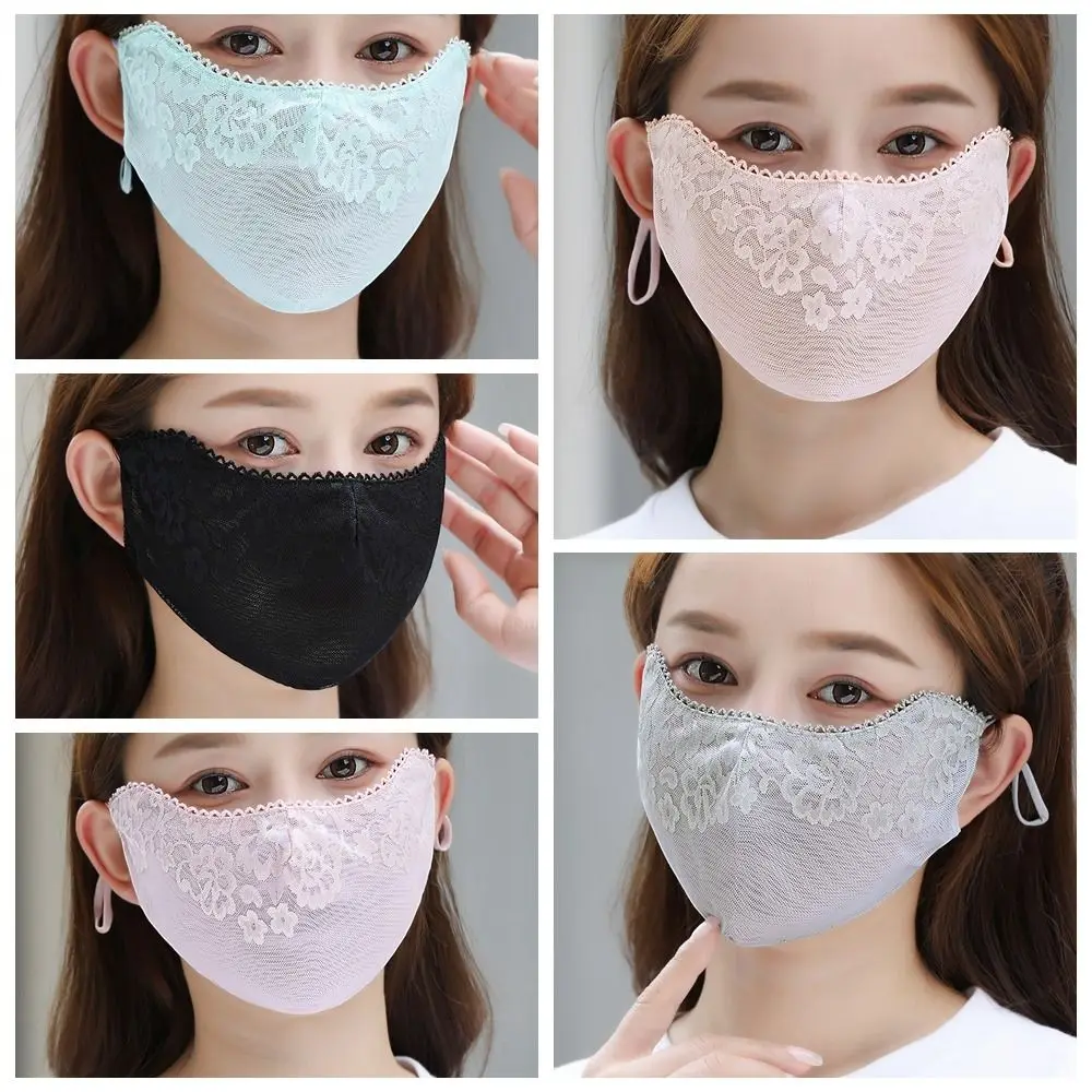Thin Solid Color Sunscreen Lace Mask Flower Sunshade Sunscreen Face Cover Adjustable Strap Hanging Ear UV Protection Mask Sports