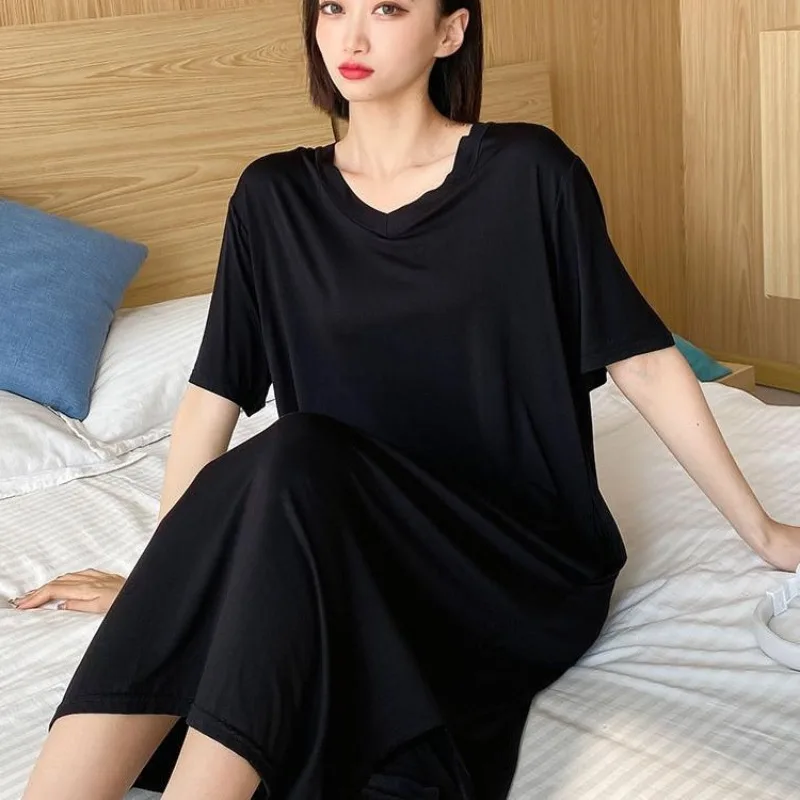 150kg Extra Large Size Summer Loose Home Dress with Pocket Thin V-neck Short Sleeved Pajamas Solid Long Loungewear Plus Size 3XL