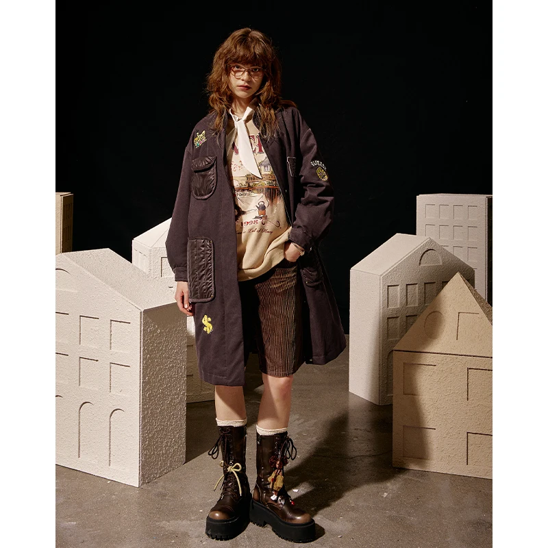 ELFSACK 2025 وصل حديثًا معطف قطني طويل فضفاض برقبة دائرية للنساء