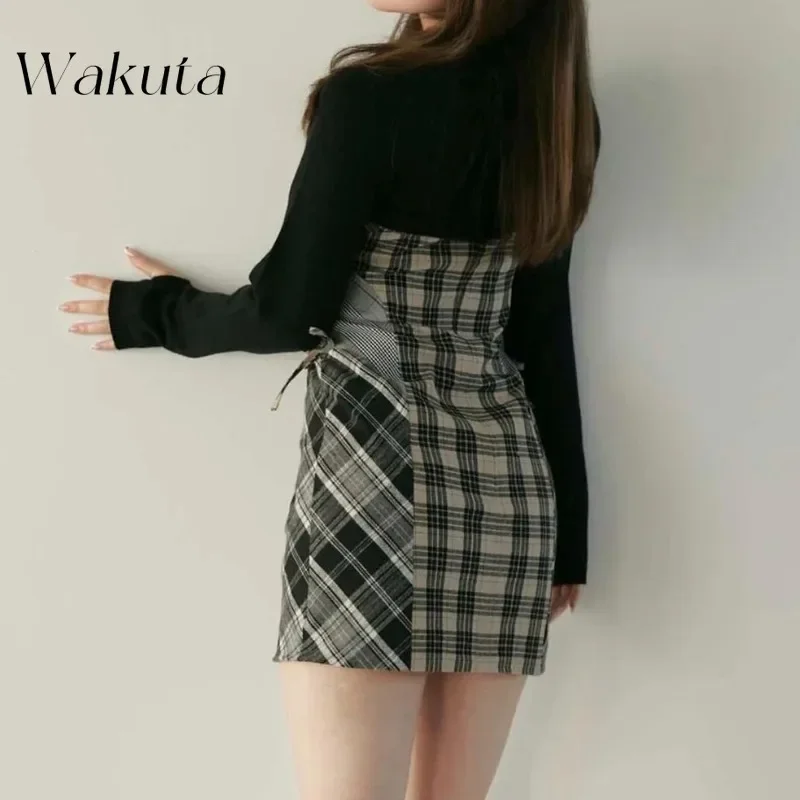 WAKUTA Japanese Niche Retro Plaid Splicing Two-piece Dress Women's Long-sleeved Waisted Package Hip Skirt Female Clothing Платье