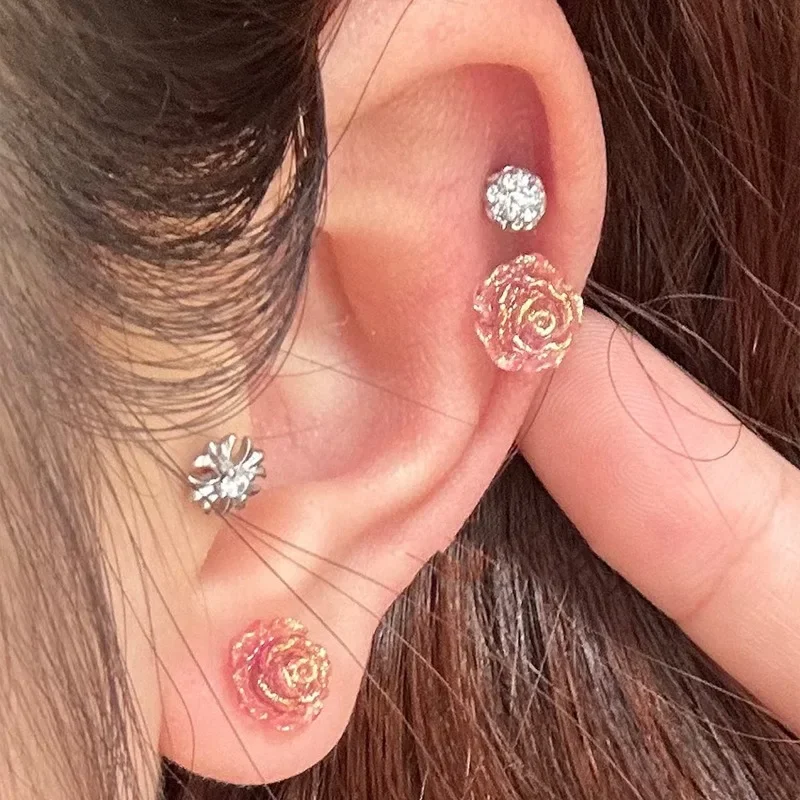 Camellia Stud Earrings for Women Cute Sweet Stainless Steel Screw Back Cartilage Helix Ear Piercing New Fashion Jewerly Gift