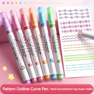 Flower Line Shape Highlighter Pen, Tip Roll, Liner Marker curve, Kawaii Korean stationery, School Office Material, Gifts, 6PC Set 10 Main Sales Color Pen - №5