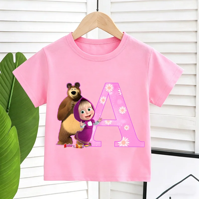 

Mashas and The Bear Cotton T-Shirt Summer Casual Sport Short Sleeve Tee Cartoon Cute Letters A-Z Print Tops Fashion Clothes Gift